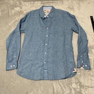Tobias Shirt Mens Large L Blue 100% Linen Button Up Summer Beach Bicycle Logo